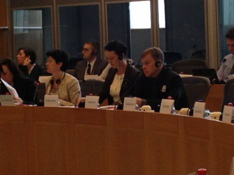 Alena Tankachova and Uladzimir Labkovich at a meeting in the European Parliament, Brussels, June 19, 2013.